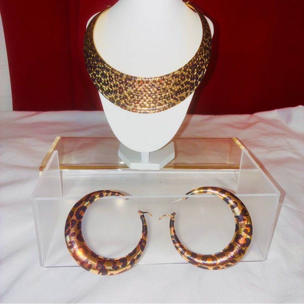 Leopard Print Hoop Earrings and Choker Set